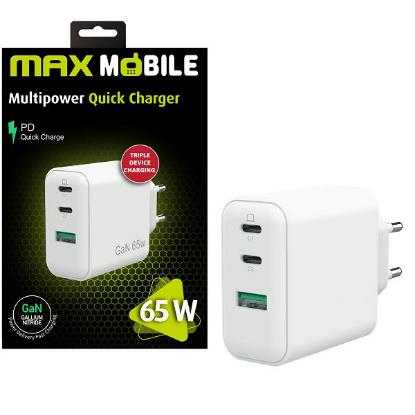 Kućni punjač MAXMOBILE PD Super Fast Charge Duo, 2x USB-C + USB-A, GaN 65W