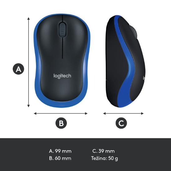 Miška LOGITECH M185, optički, bežični, 1000dpi, crno-modri