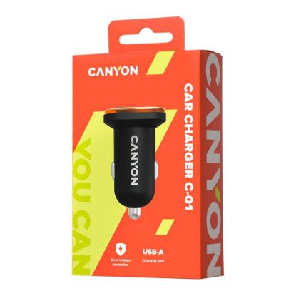 Auto punjač CANYON C-01, USB-A, crno-narančasti