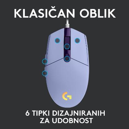 Miška LOGITECH Gaming G102 Lightsync, optički, 8000dpi, lilac, USB