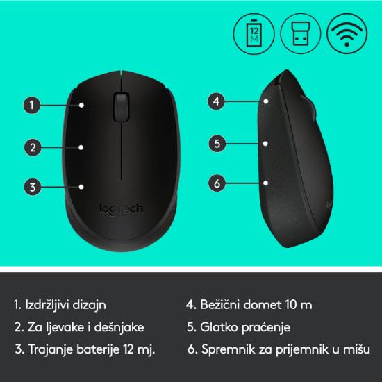 Miška LOGITECH B170, optički, 1000dpi, bežični, črni, USB