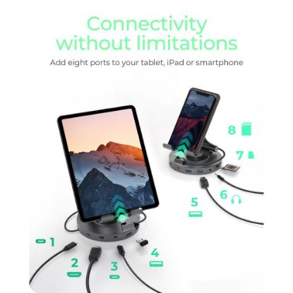 Stalak za tablet/smartphone ICY BOX IB-TH100-DK, okretni stalak, 2x USB-C, 2x USB-A 3.2 Gen1, HDMI, SD/microSD, audio, sivi