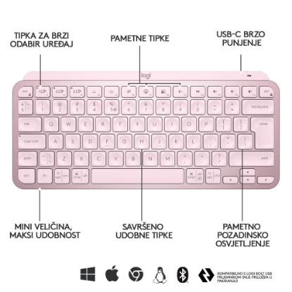 Tipkovnica LOGITECH MX Keys mini, brezžična, BT, roza