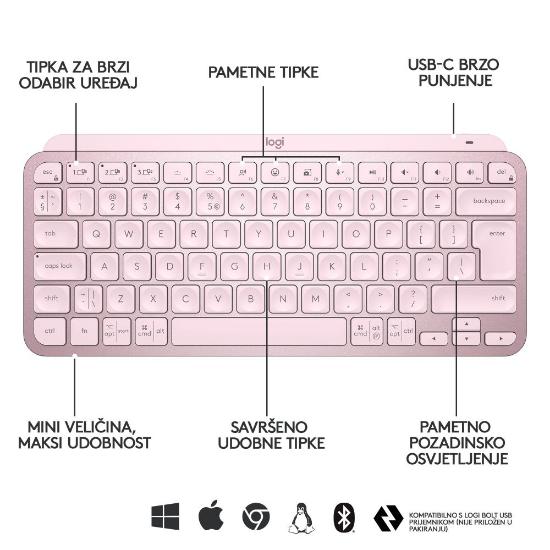 Tipkovnica LOGITECH MX Keys mini, brezžična, BT, roza