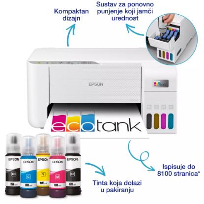 Multifunkcijski Tiskalnik EPSON EcoTank L3276, Tiskalnik/scanner/copy, 5760 x 1440, WiFi, USB, beli