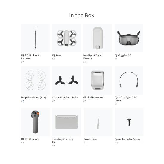 Dron DJI Neo Motion Fly More Combo, 4K kamera, 1-axis gimbal, vrijeme leta do 18 min, DJI Motion 3 daljinski upravljač, DJI Goggles 3, bijeli