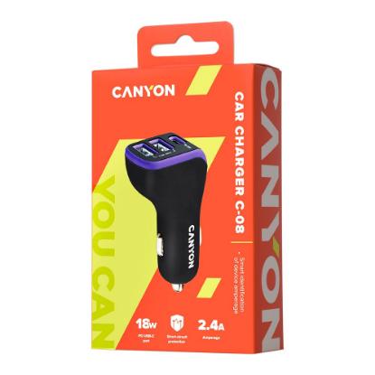 Auto punjač CANYON C-08, 2xUSB-A, USB-C, crno-ljubičasti