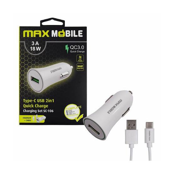 Auto punjač MAXMOBILE, SC-106 QC 3.0,Quick Charge 3A, bijeli + USB-C kabel