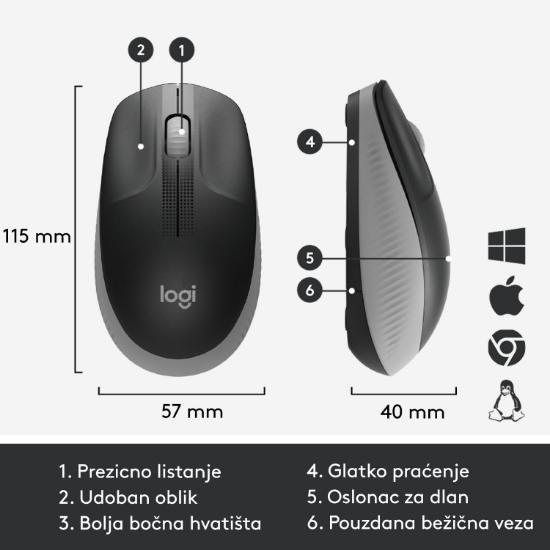 Miška LOGITECH M190, optički, bežični, 1000dpi, crno-sivi