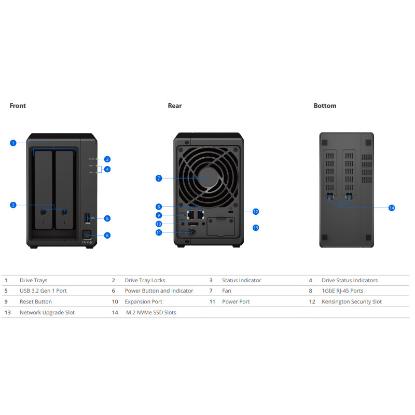 NAS server SYNOLOGY DiskStation DS723+, 2-bay All-in-1 NAS server, 2.5"/3.5" HDD/SSD podrška, Hot Swappable HDD, Wake on LAN/WAN, 2GB, 2×G-LAN, USB3.2 Gen 1/eSATA