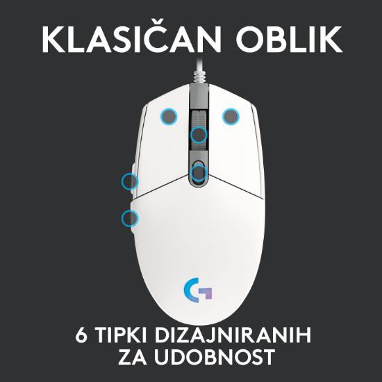 Miška LOGITECH Gaming G102 Lightsync, optički, 8000dpi, beli, USB