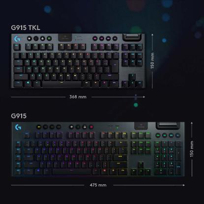 Tipkovnica LOGITECH Gaming G915 TKL Tenkeyless Lightspeed Linear, RGB, mehanička, brezžična, UK Layout, USB, črna