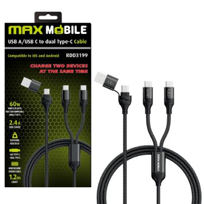 Kabel MAXMOBILE, USB A/C (M) na 2x USB-C, 60W, 1.2m