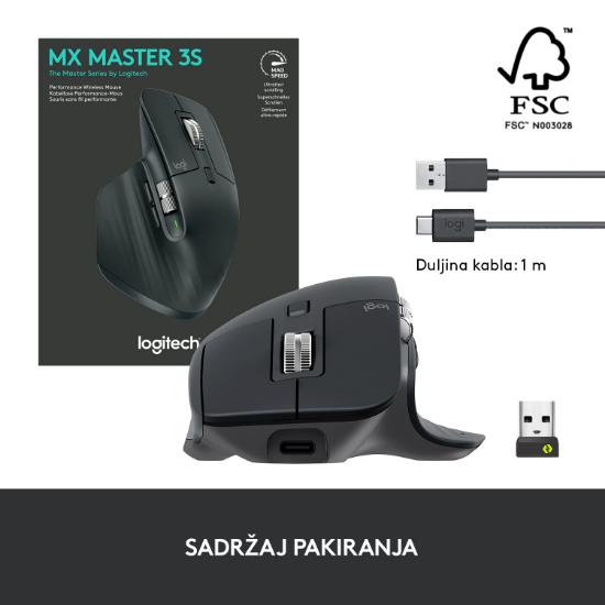 Miška LOGITECH MX Master 3S Performance, laserski, bežični, BT, USB, črni