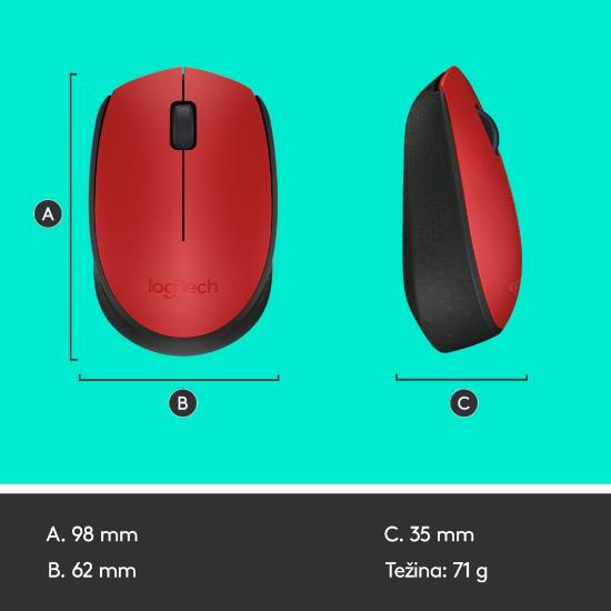 Miška LOGITECH M171, optički, bežični, rdeči