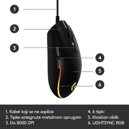 Miška LOGITECH Gaming G102 Lightsync, optički, 8000dpi, črni, USB