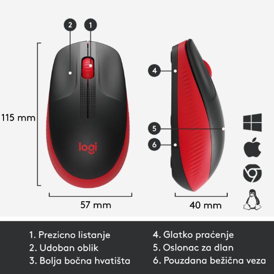 Miška LOGITECH M190, optički, bežični, 1000dpi, crno-rdeči