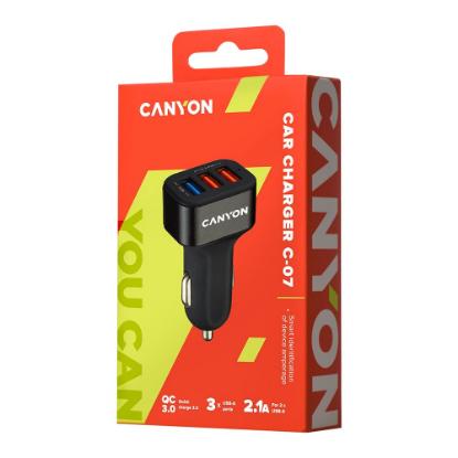 Auto punjač CANYON C-07, 3xUSB-A, QC 3.0, crni