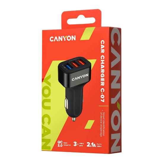 Auto punjač CANYON C-07, 3xUSB-A, QC 3.0, crni