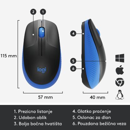 Miška LOGITECH M190, optički, bežični, 1000dpi, crno-modri
