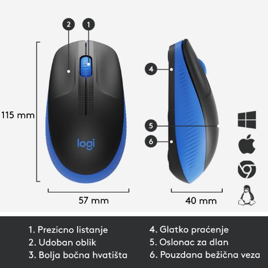 Miška LOGITECH M190, optički, bežični, 1000dpi, crno-modri