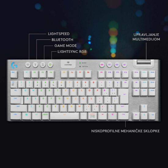 Tipkovnica LOGITECH Gaming G915 TKL Tenkeyless Lightspeed,Tactile switch, RGB, mehanička, brezžična, UK Layout, USB, bela