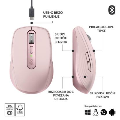 Miška LOGITECH MX Anywhere 3S, laserski, bežični, BT, rozi