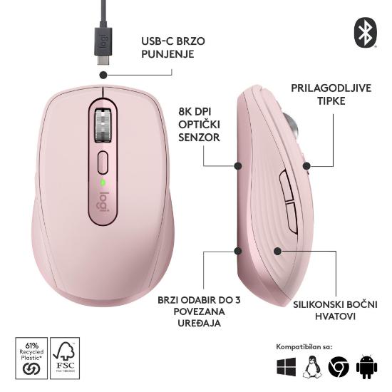 Miška LOGITECH MX Anywhere 3S, laserski, bežični, BT, rozi