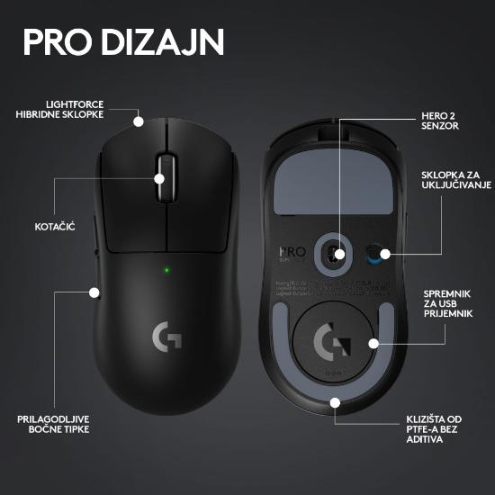 Miška LOGITECH Pro X Superlight 2, bežični, optički, 32000dpi, črni, USB