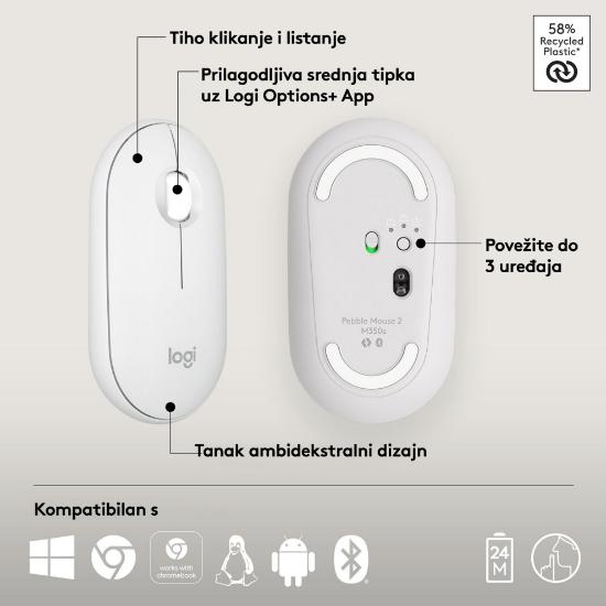 Miška LOGITECH M350s Pebble 2, optički, BT, beli