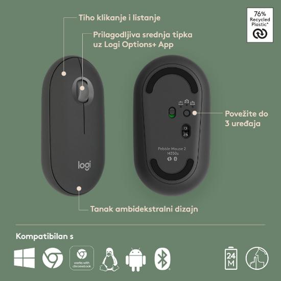 Miška LOGITECH M350s Pebble 2, optički, BT, črni