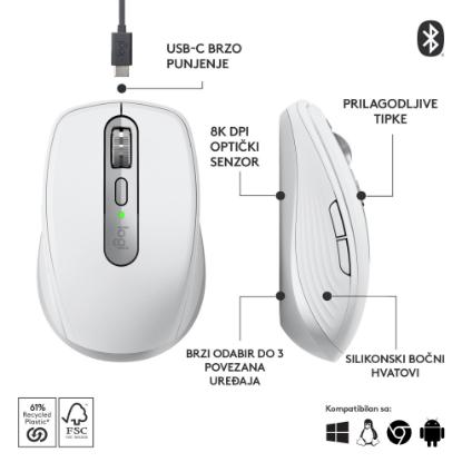Miška LOGITECH MX Anywhere 3S, laserski, bežični, BT, pale gray