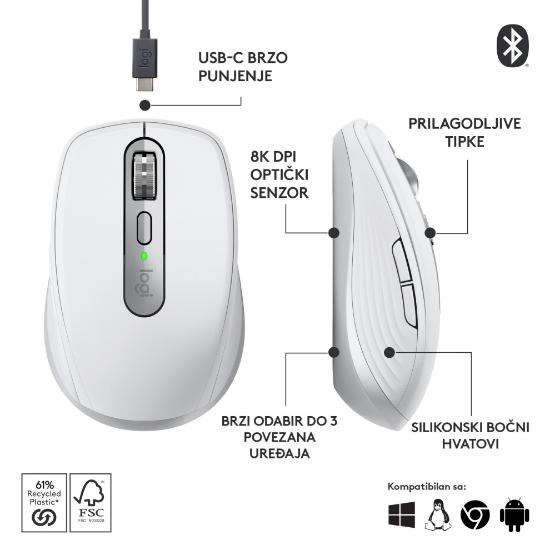 Miška LOGITECH MX Anywhere 3S, laserski, bežični, BT, pale gray