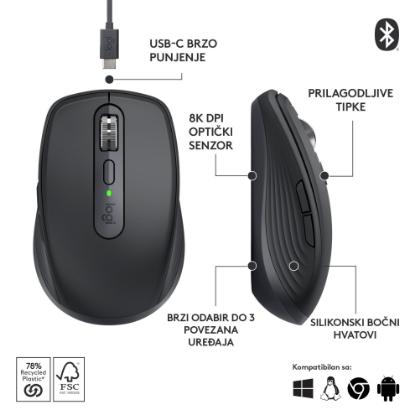 Miška LOGITECH MX Anywhere 3S, laserski, bežični, BT, graphite