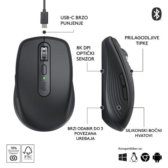 Miška LOGITECH MX Anywhere 3S, laserski, bežični, BT, graphite