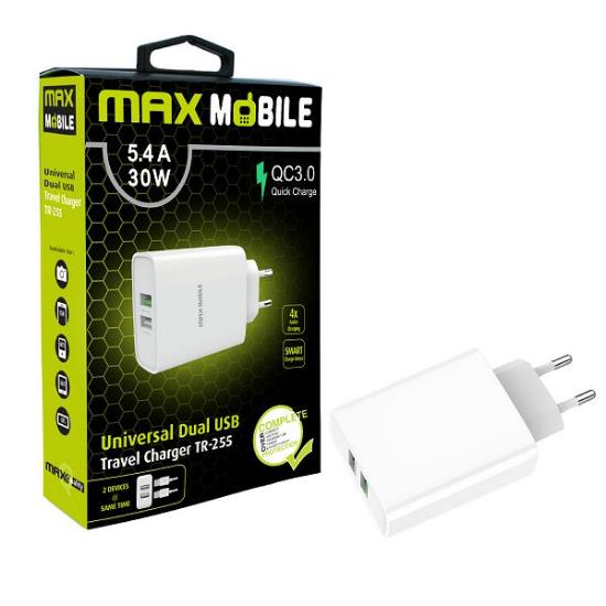 Kućni punjač MAXMOBILE TR-255 Dual, 5.4A, Quick Charge 3.0, 30W, bijeli
