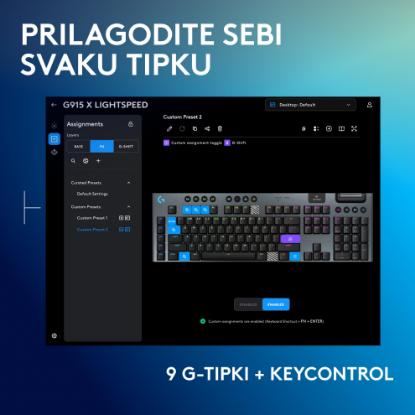 Tipkovnica LOGITECH Gaming G915 X Lightspeed Tactile, RGB, mehanička, brezžična, US Layout, črna