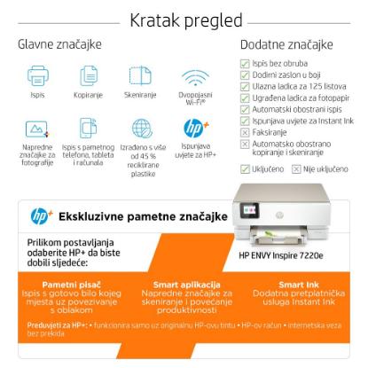 Multifunkcijski Tiskalnik HP ENVY Inspire 7220e, 242P6B, USB, WiFi, beli, Instant Ink