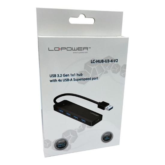 USB HUB LCPOWER LC-HUB-U3-4-V2, USB 3.2 na 4x USB 3.2, USB-C, crni