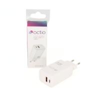 Polnilec OCTIO Volta AC65W Dual GaN, USB-A + USB-C, PD 65W, beli