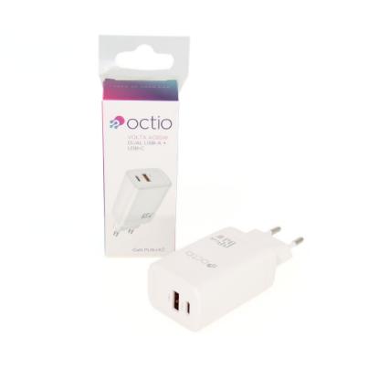 Polnilec OCTIO Volta AC65W Dual GaN, USB-A + USB-C, PD 65W, beli