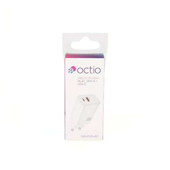 Polnilec OCTIO Volta AC45W Dual GaN, USB-A + USB-C, PD 45W, beli