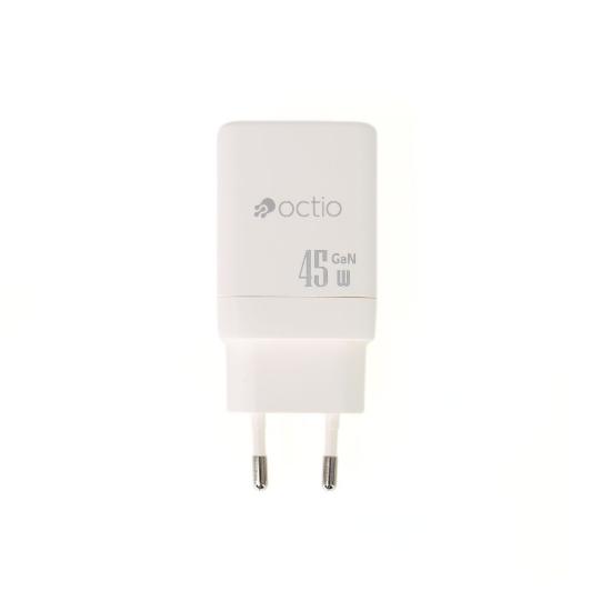 Polnilec OCTIO Volta AC45W Dual GaN, USB-A + USB-C, PD 45W, beli