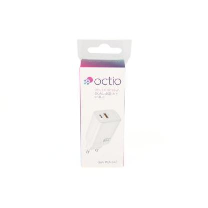 Polnilec OCTIO Volta AC65W Dual GaN, USB-A + USB-C, PD 65W, beli