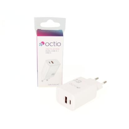 Polnilec OCTIO Volta AC45W Dual GaN, USB-A + USB-C, PD 45W, beli