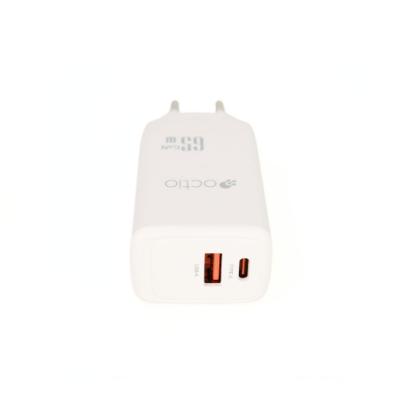 Polnilec OCTIO Volta AC65W Dual GaN, USB-A + USB-C, PD 65W, beli