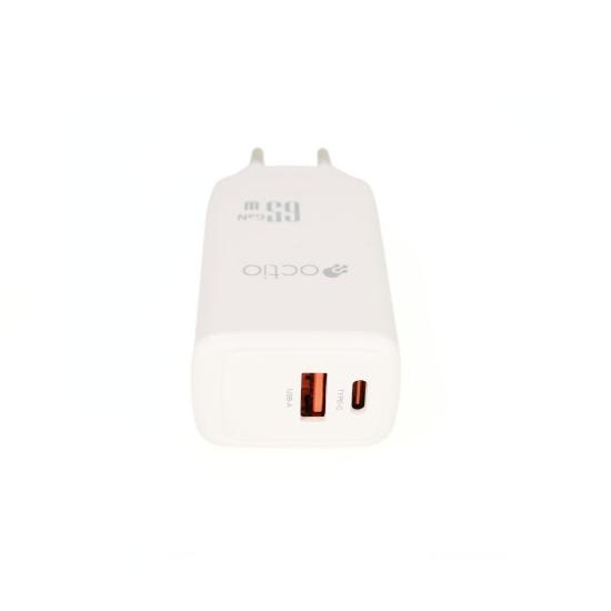Polnilec OCTIO Volta AC65W Dual GaN, USB-A + USB-C, PD 65W, beli