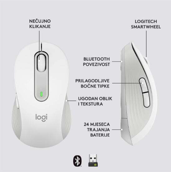 Miška Logitech M650L, brezžični, optični, 4000dpi, USB, BT, beli