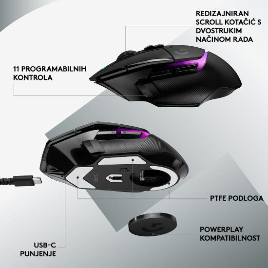 Miš LOGITECH Gaming G502 X Plus RGB, optični, 25000dpi, brezžični, črni, USB