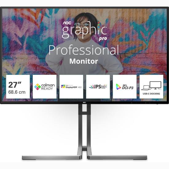 Premium monitor 27" AOC U27U3CV, 4K UHD, IPS, 60Hz, 4ms, 350cd/m2, pivot, zvočnici, črni